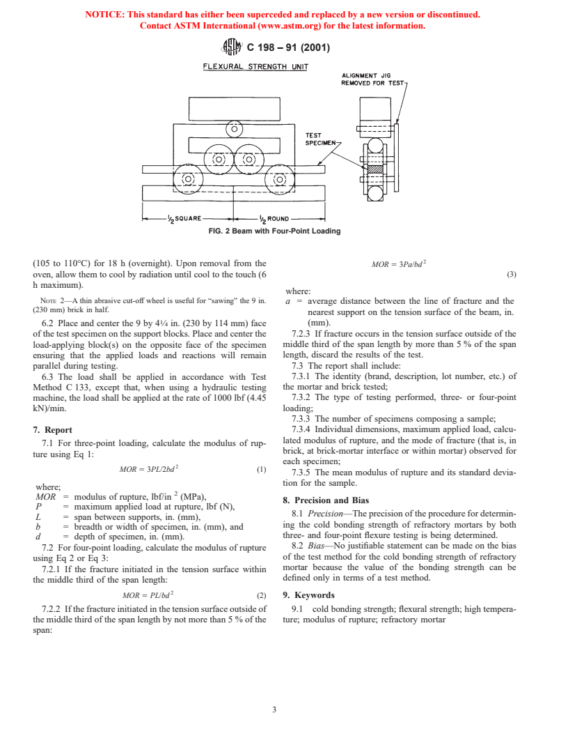 ASTM C198-91(2001) - Standard Test Method for Cold Bonding Strength of Refractory Mortar