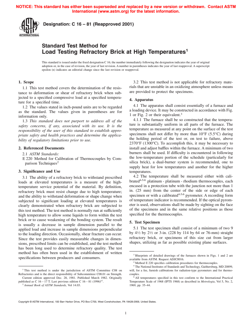 ASTM C16-81(2001) - Standard Test Method for Load Testing Refractory Brick at High Temperatures