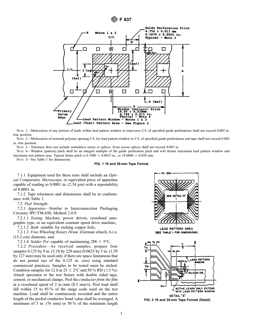 ASTM F637-85(1994)e1 - Standard Specification for Format, Physical Properties, and Test Methods for 19 and 35 mm Testable Tape Carrier for Perimeter Tape Carrier-Bonded Semiconductor Devices