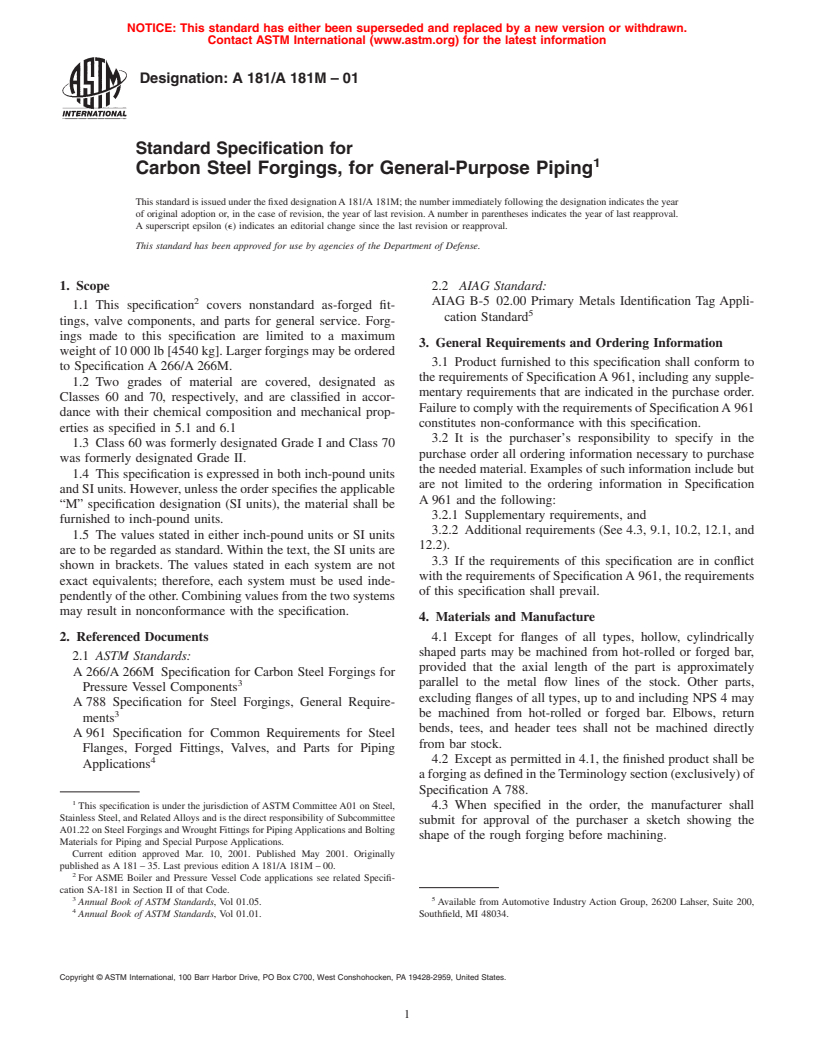 ASTM A181/A181M-01 - Standard Specification for Carbon Steel Forgings, for General-Purpose Piping