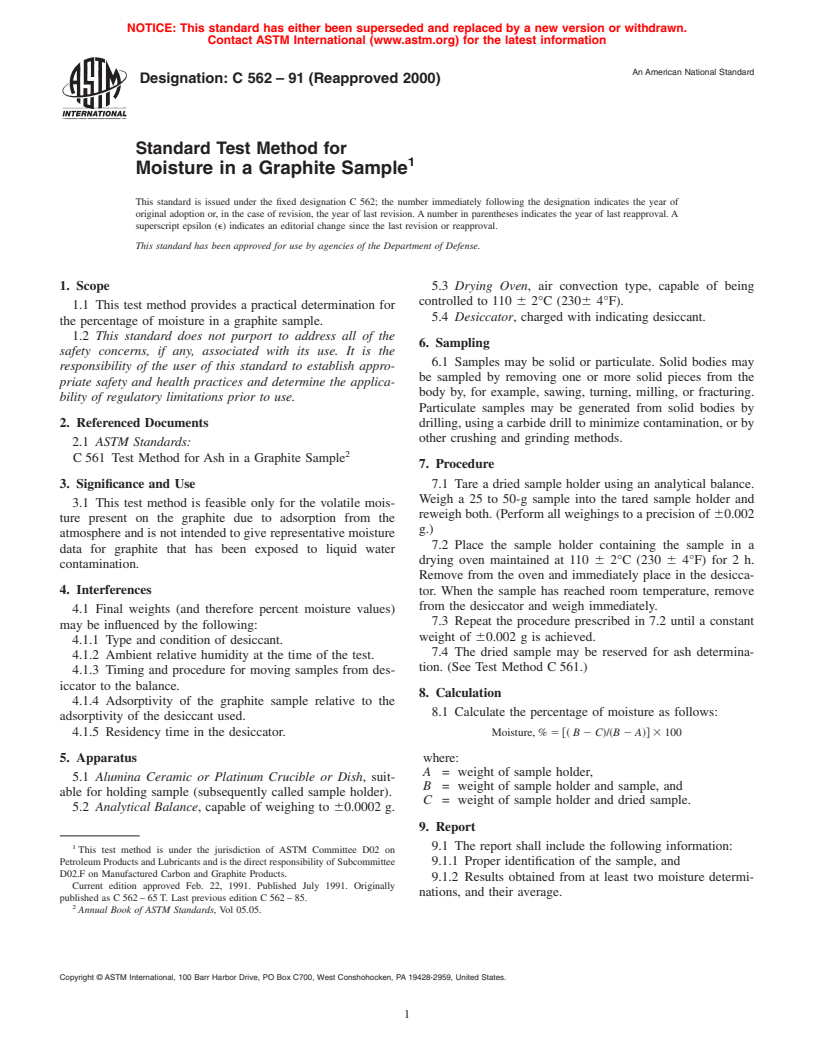 ASTM C562-91(2000) - Standard Test Method for Moisture in a Graphite Sample