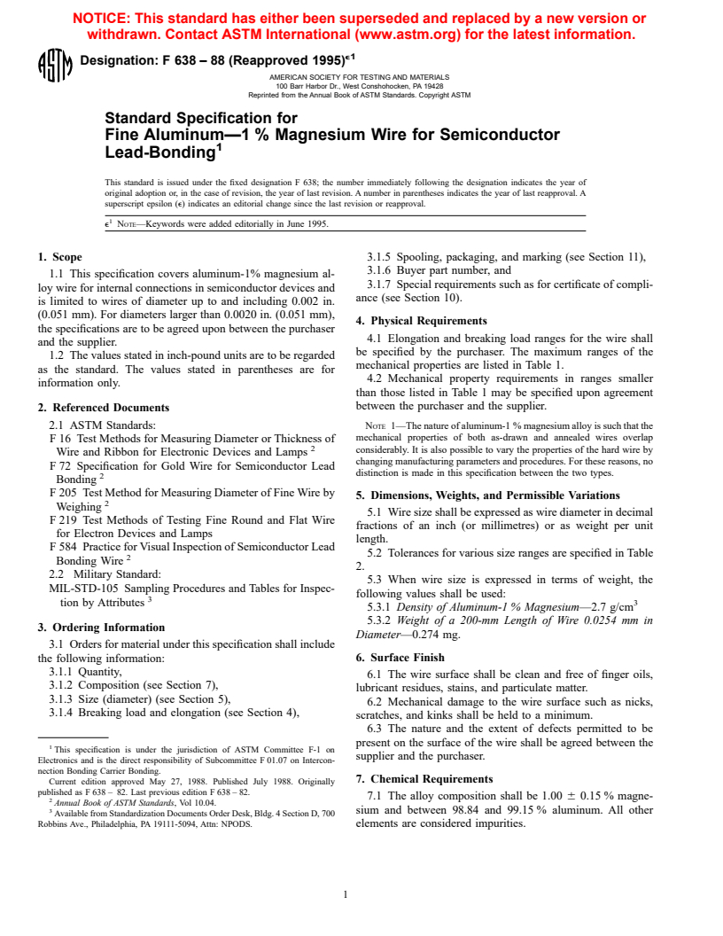 ASTM F638-88(1995)e1 - Standard Specification for Fine Aluminum-1% Magnesium Wire for Semiconductor Lead-Bonding