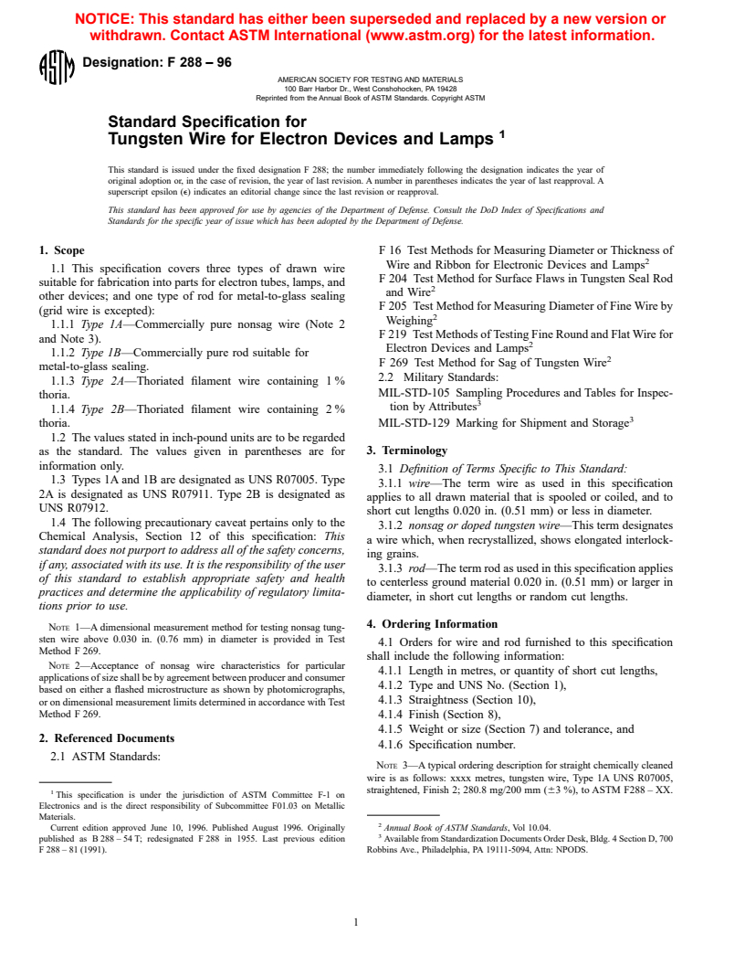 ASTM F288-96 - Standard Specification for Tungsten Wire for Electron Devices and Lamps