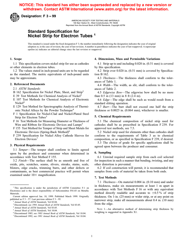 ASTM F3-99 - Standard Specification for Nickel Strip for Electron Tubes