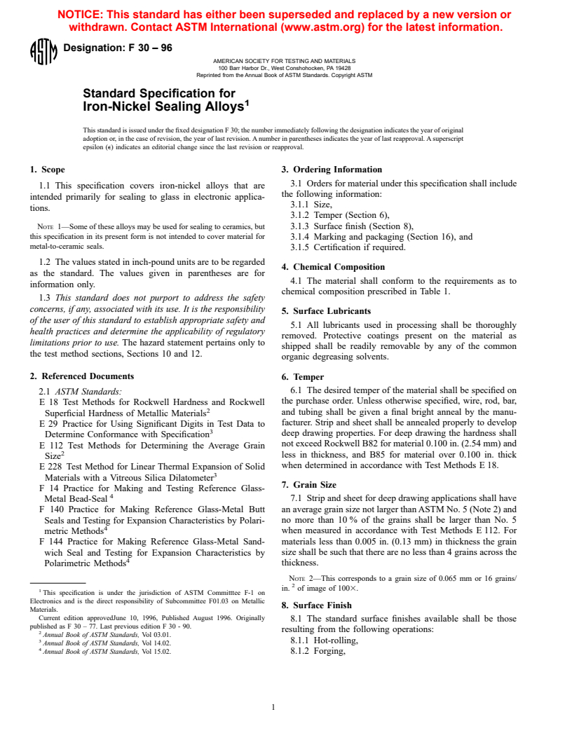 ASTM F30-96 - Standard Specification for Iron-Nickel Sealing Alloys