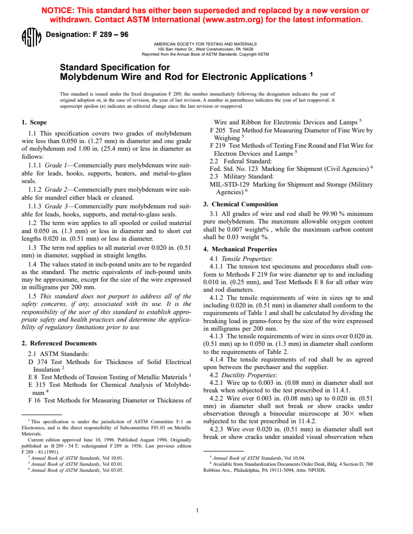 ASTM F289-96 - Standard Specification for Molybdenum Wire and Rod for Electronic Applications