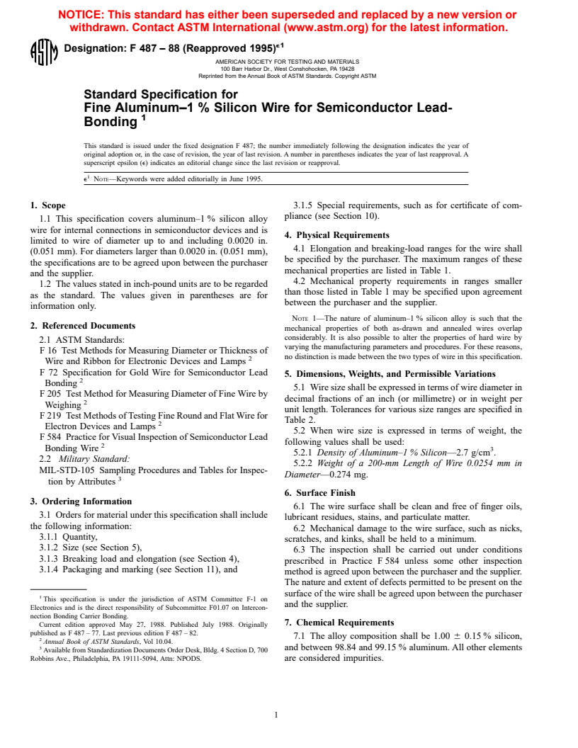 ASTM F487-88(1995)e1 - Standard Specification for Fine Aluminum-1% Silicon Wire for Semiconductor Lead-Bonding