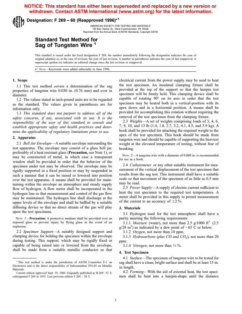 ASTM F269-60(1996)e1 - Standard Test Method for Sag of Tungsten Wire