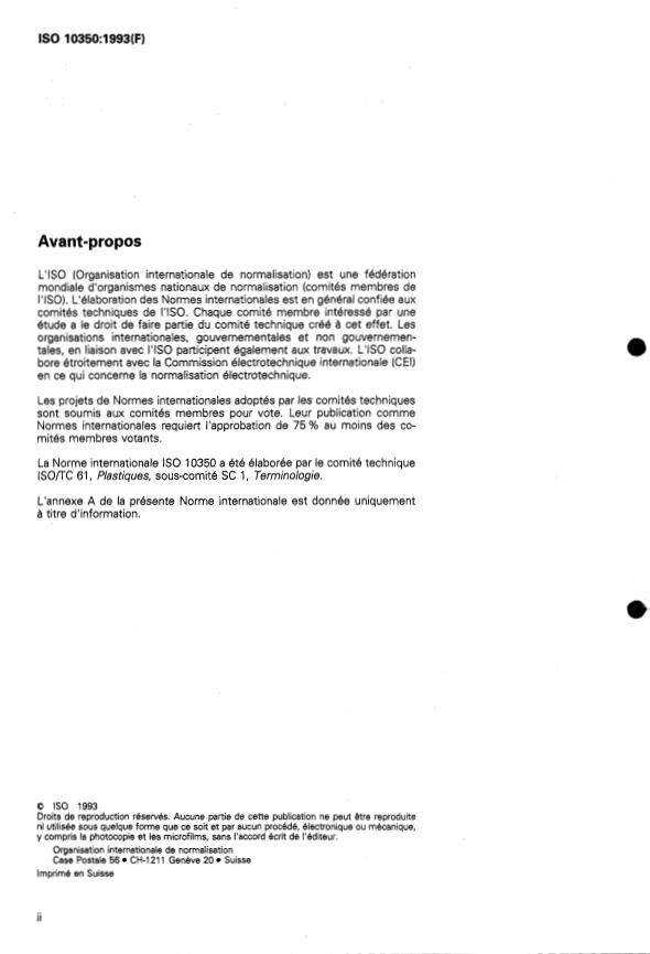 ISO 10350:1993 ISO 10350:1993 - Plastiques -- Acquisition et présentation de caractéristiques intrinseques comparables - Page 2 preview