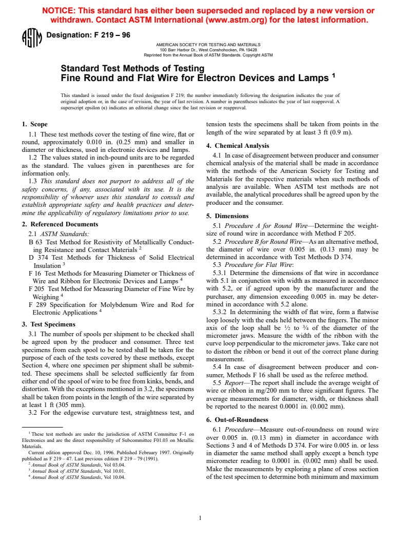 ASTM F219-96 - Standard Test Methods of Testing Fine Round and Flat Wire for Electron Devices and Lamps