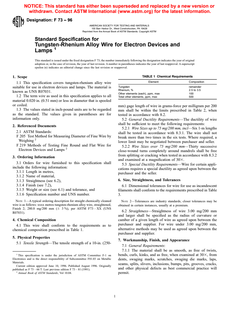 ASTM F73-96 - Standard Specification for Tungsten-Rhenium Alloy Wire for Electron Devices and Lamps