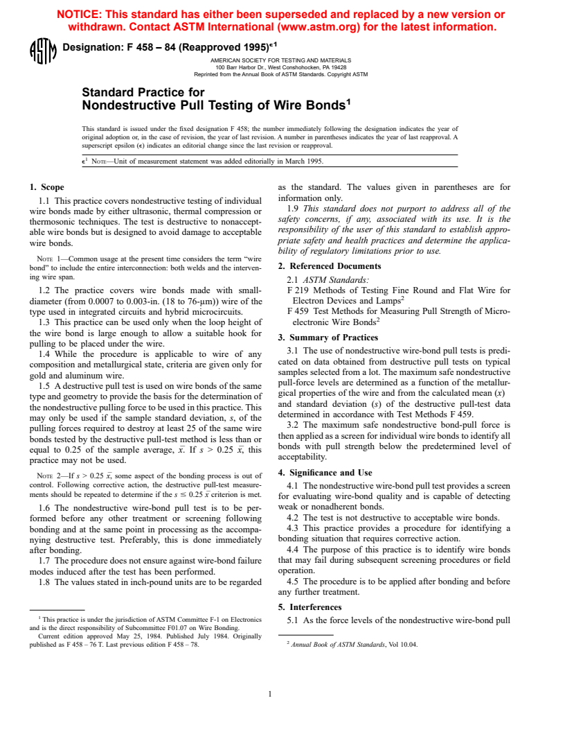 ASTM F458-84(1995)e1 - Standard Practice for Nondestructive Pull Testing of Wire Bonds