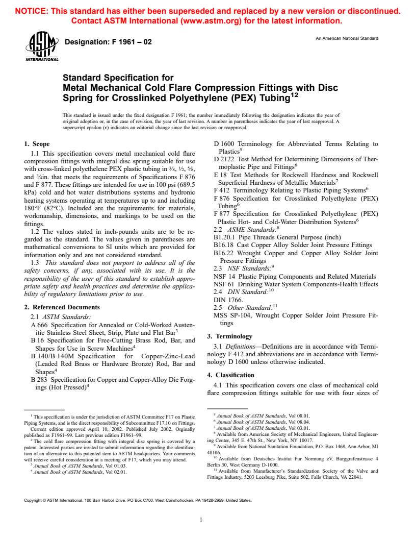 ASTM F1961-02 - Standard Specification for Metal Mechanical Cold Flare Compression Fittings with Disc Spring for Crosslinked Polyethylene (PEX) Tubing