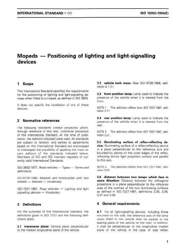 ISO 10355:1994 - Mopeds -- Positioning of lighting and light-signalling devices