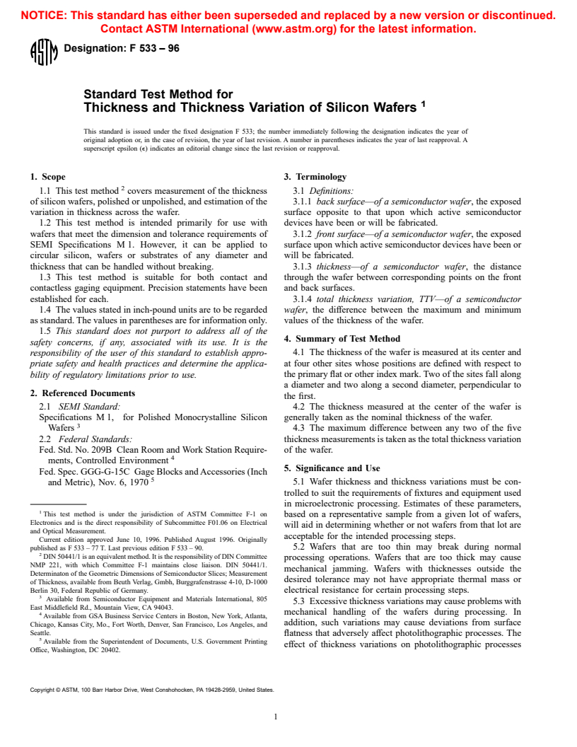 ASTM F533-96 - Standard Test Method for Thickness and Thickness Variation of Silicon Wafers