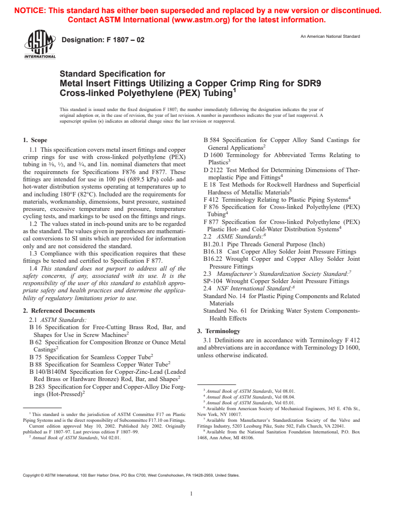 ASTM F1807-02 - Standard Specification for Metal Insert Fittings Utilizing a Copper Crimp Ring for SDR9 Cross-linked Polyethylene (PEX) Tubing