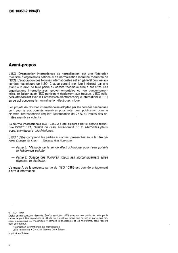 ISO 10359-2:1994 ISO 10359-2:1994 - Qualité de l'eau -- Dosage des fluorures - Page 2 preview