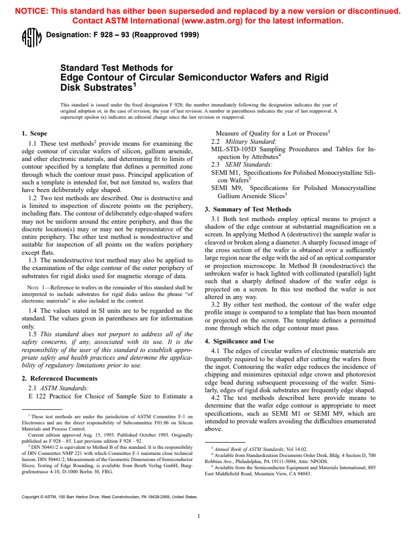 ASTM F928-93(1999) - Standard Test Methods for Edge Contour of Circular Semiconductor Wafers and Rigid Disk Substrates