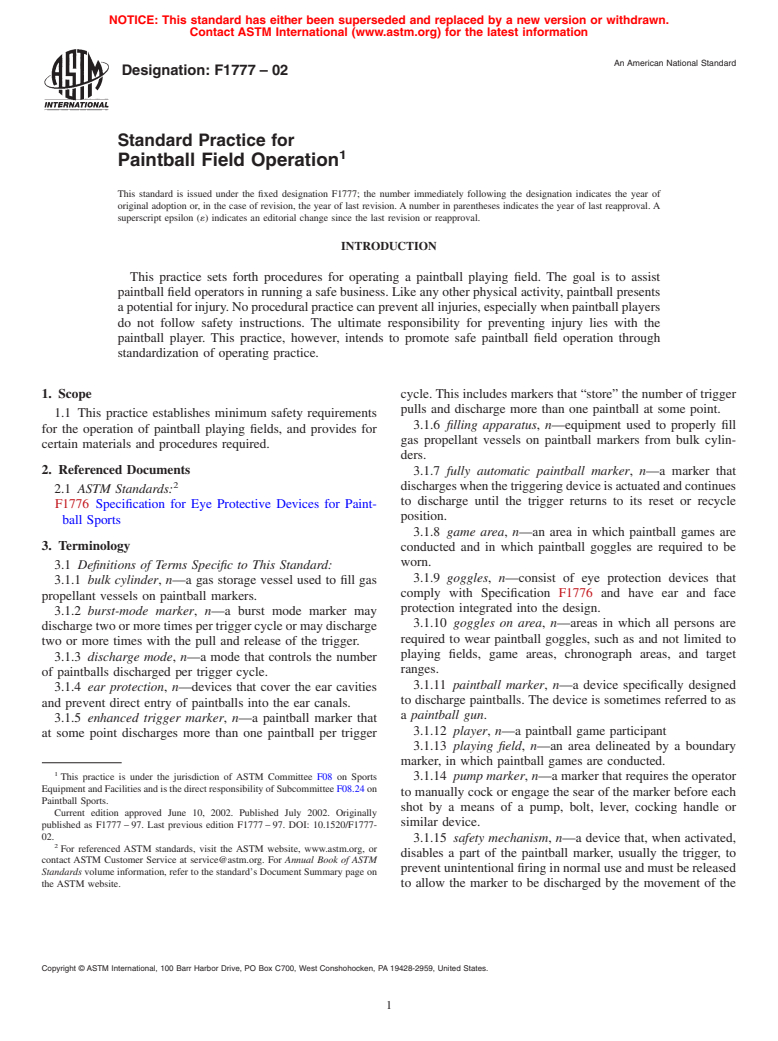 ASTM F1777-02 - Standard Practice for Paintball Field Operation