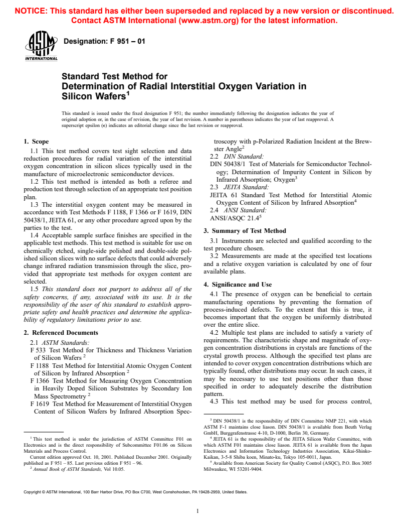 ASTM F951-01 - Standard Test Method for Determination of Radial Interstitial Oxygen Variation in Silicon Wafers