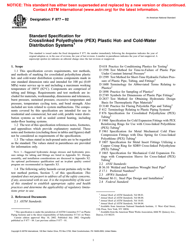 ASTM F877-02 - Standard Specification for Crosslinked Polyethylene (PEX) Plastic Hot- and Cold-Water Distribution Systems