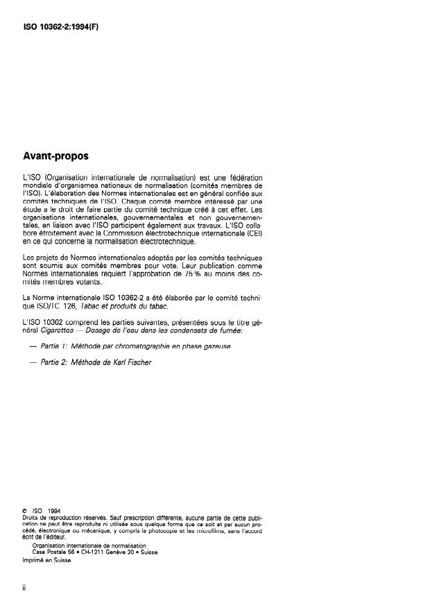 ISO 10362-2:1994 ISO 10362-2:1994 - Cigarettes -- Dosage de l'eau dans les condensats de fumée - Page 2 preview