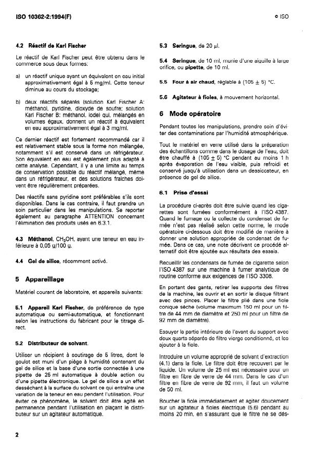 ISO 10362-2:1994 ISO 10362-2:1994 - Cigarettes -- Dosage de l'eau dans les condensats de fumée - Page 4 preview