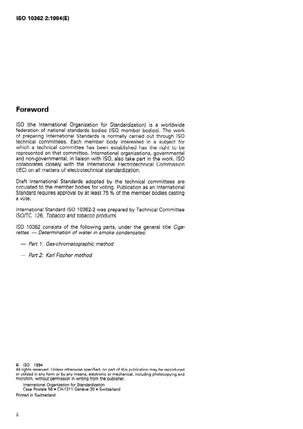 ISO 10362-2:1994 ISO 10362-2:1994 - Cigarettes -- Determination of water in smoke condensates - Page 2 preview