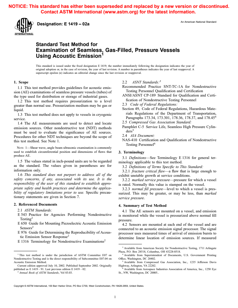 ASTM E1419-02a - Standard Test Method for Examination of Seamless, Gas- Filled, Pressure Vessels Using Acoustic Emission