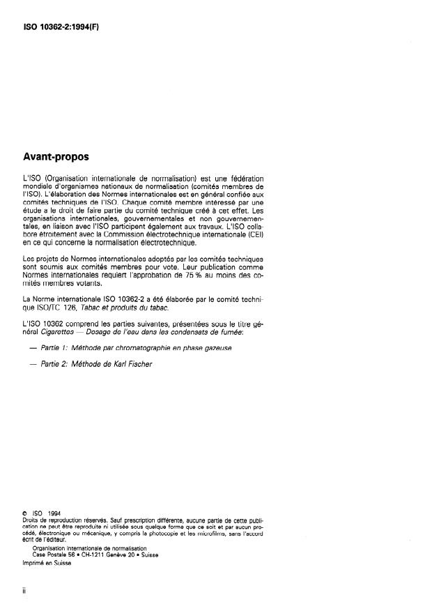 ISO 10362-2:1994 ISO 10362-2:1994 - Cigarettes -- Dosage de l'eau dans les condensats de fumée - Page 2 preview
