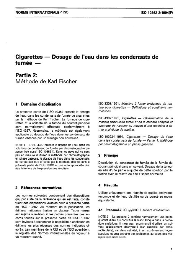 ISO 10362-2:1994 - Cigarettes -- Dosage de l'eau dans les condensats de fumée
