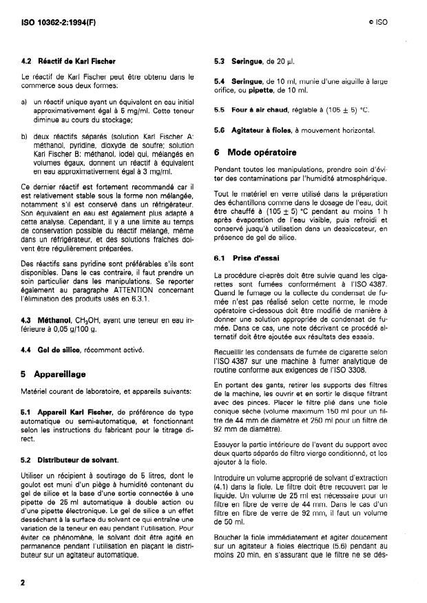 ISO 10362-2:1994 ISO 10362-2:1994 - Cigarettes -- Dosage de l'eau dans les condensats de fumée - Page 4 preview
