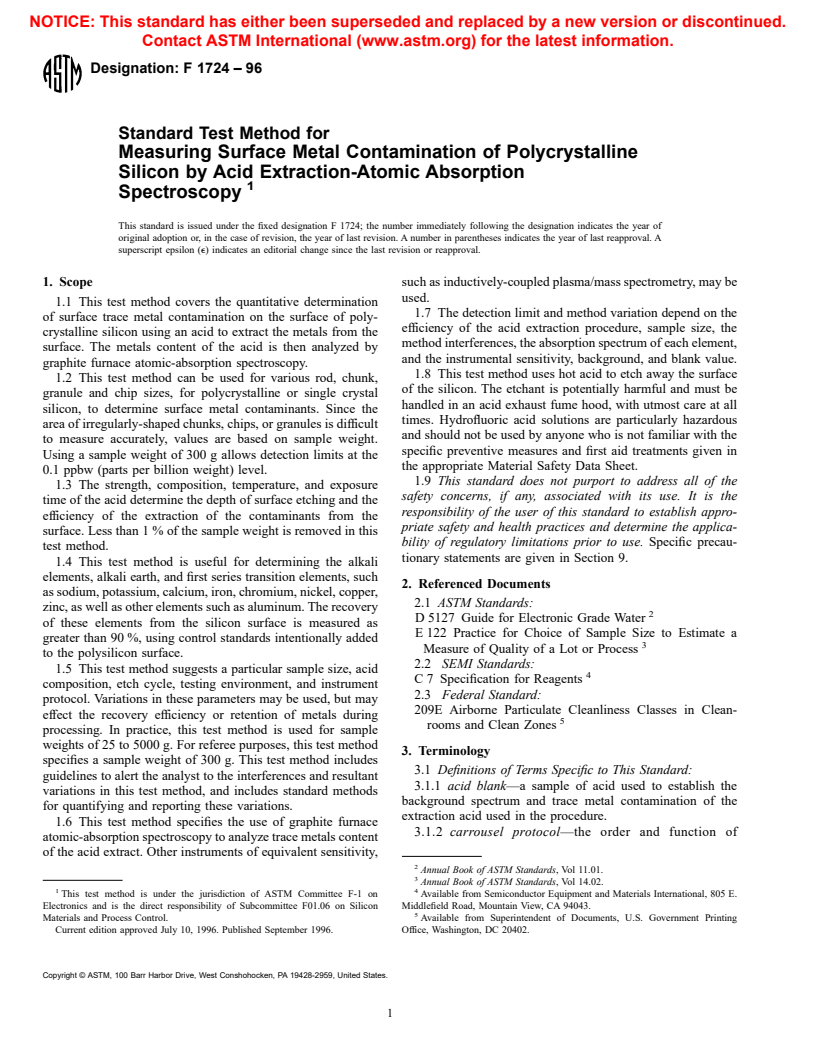 ASTM F1724-96 - Standard Test Method for Measuring Surface Metal Contamination of Polycrystalline Silicon by Acid Extraction-Atomic Absorption Spectroscopy