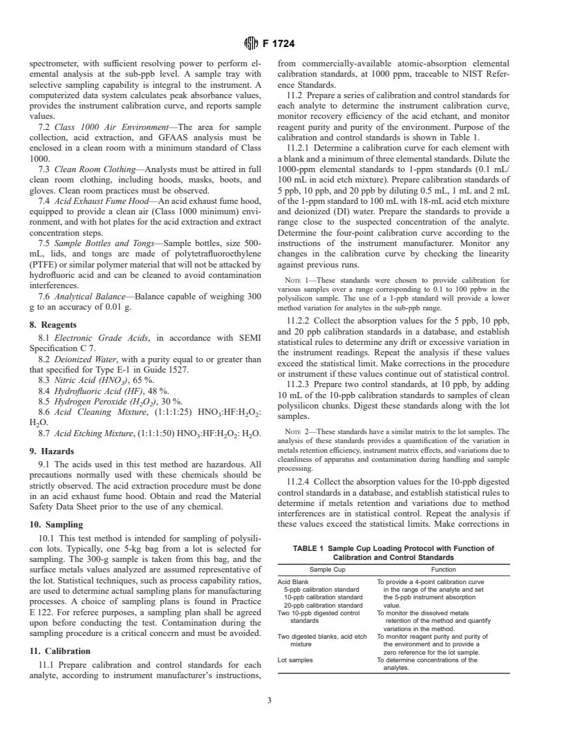 ASTM F1724-96 - Standard Test Method for Measuring Surface Metal Contamination of Polycrystalline Silicon by Acid Extraction-Atomic Absorption Spectroscopy