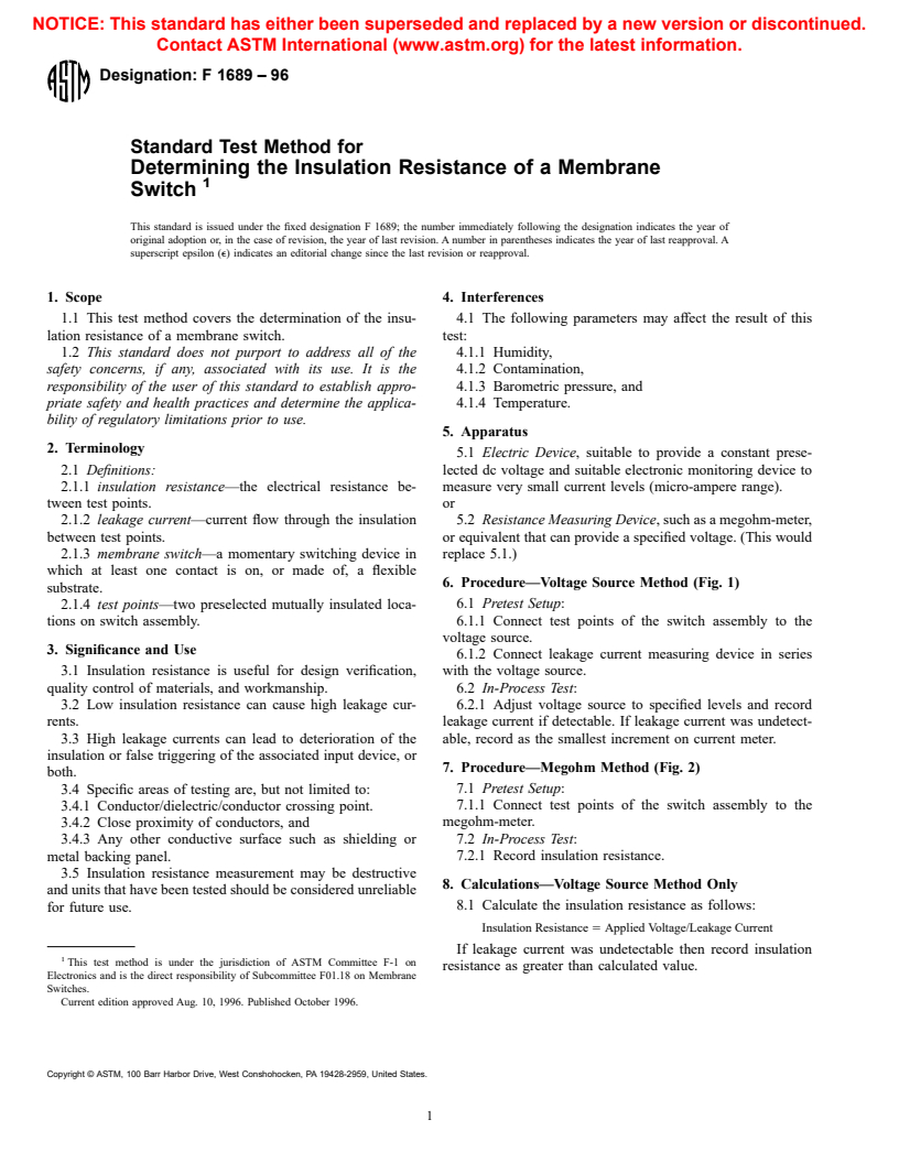 ASTM F1689-96 - Standard Test Method for Determining the Insulation Resistance of a Membrane Switch