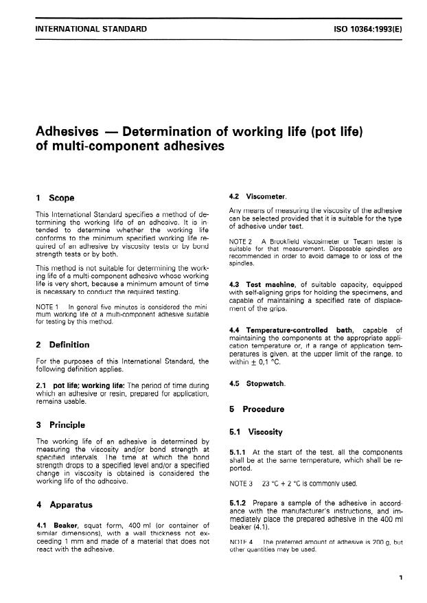 ISO 10364:1993 - Adhesives -- Determination of working life (pot life) of multi-component adhesives