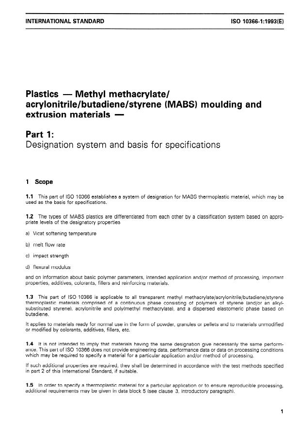 ISO 10366-1:1993 - Plastics -- Methyl methacrylate/acrylonitrile/butadiene/styrene (MABS) moulding and extrusion materials