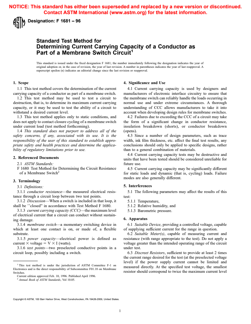 ASTM F1681-96 - Standard Test Method for Determining Current Carrying Capacity of a Conductor as Part of a Membrane Switch Circuit