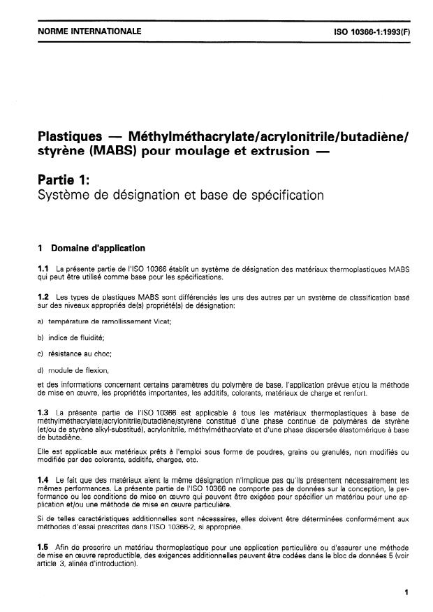 ISO 10366-1:1993 - Plastiques -- Méthylméthacrylate/acrylonitrile/butadiene/ styrene (MABS) pour moulage et extrusion