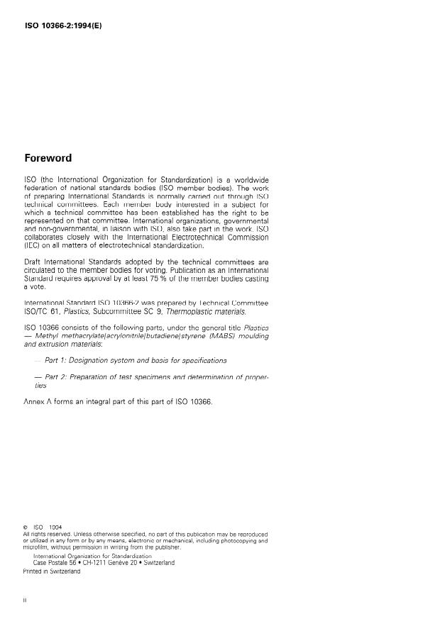 ISO 10366-2:1994 ISO 10366-2:1994 - Plastics -- Methyl methacrylate/ acrylonitrile/butadiene/styrene (MABS) moulding and extrusion materials - Page 2 preview