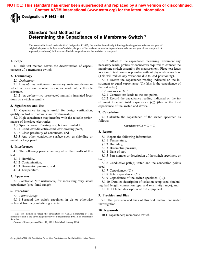 ASTM F1663-95 - Standard Test Method for Determining the Capacitance of a Membrane Switch