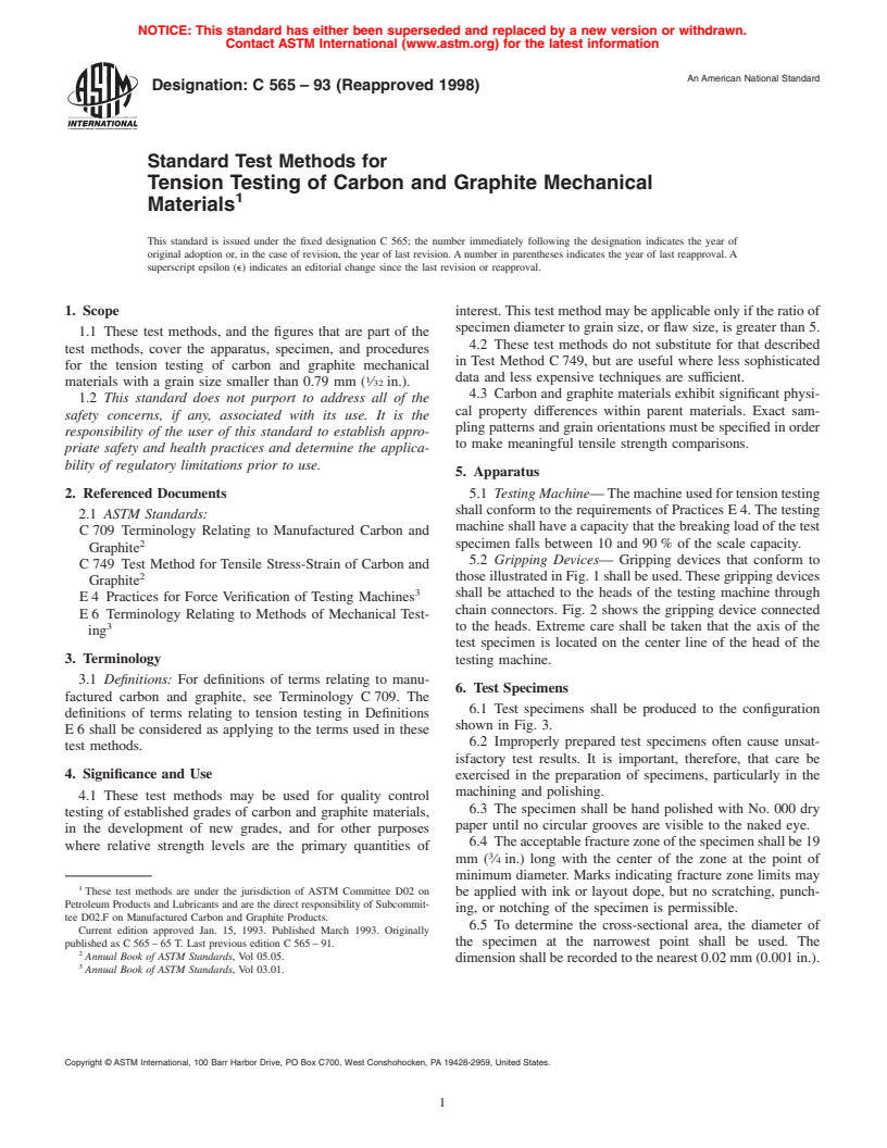 ASTM C565-93(1998) - Standard Test Methods for Tension Testing of Carbon and Graphite Mechanical Materials