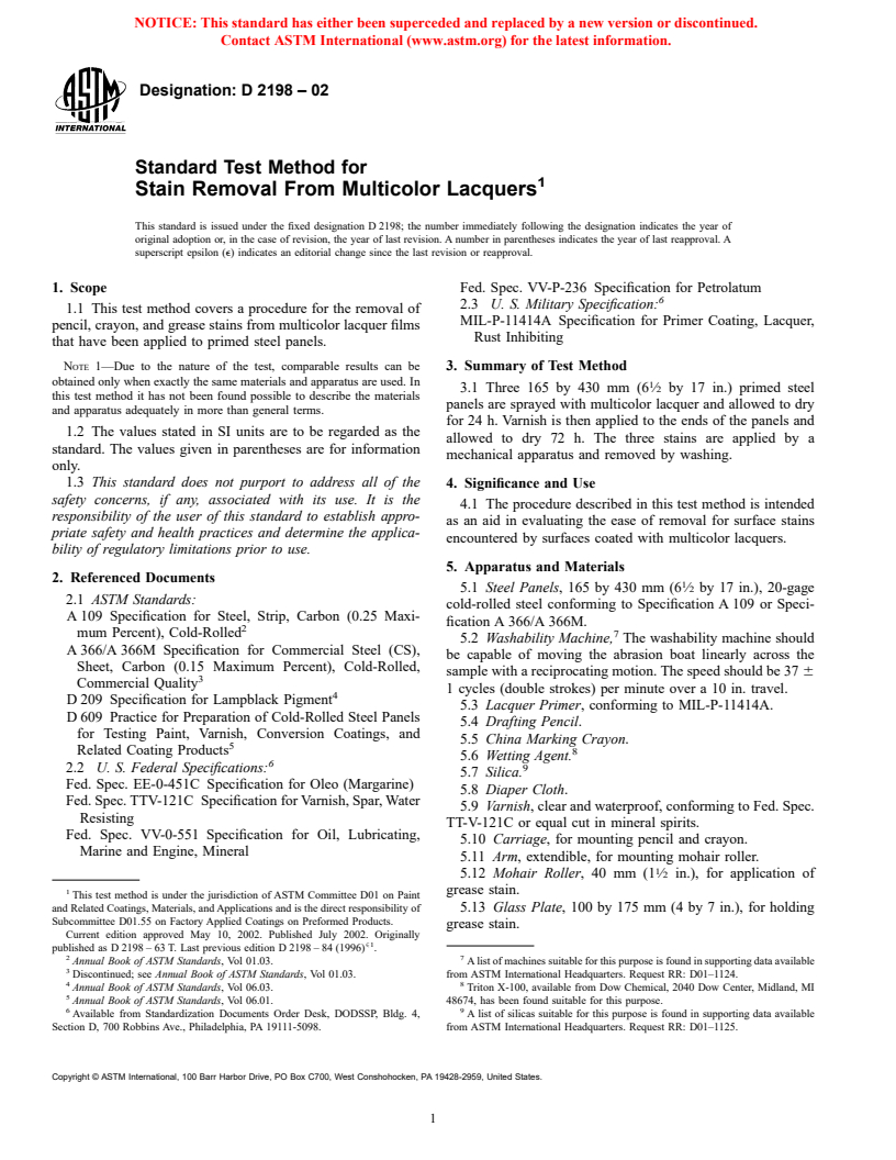 ASTM D2198-02 - Standard Test Method for Stain Removal From Multicolor Lacquers (Withdrawn 2003)