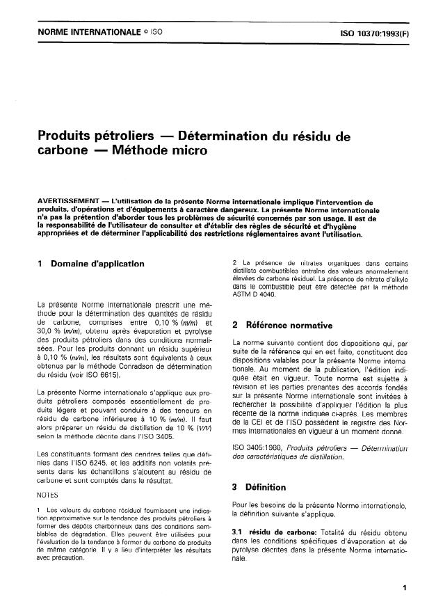 ISO 10370:1993 - Produits pétroliers -- Détermination du résidu de carbone -- Méthode micro