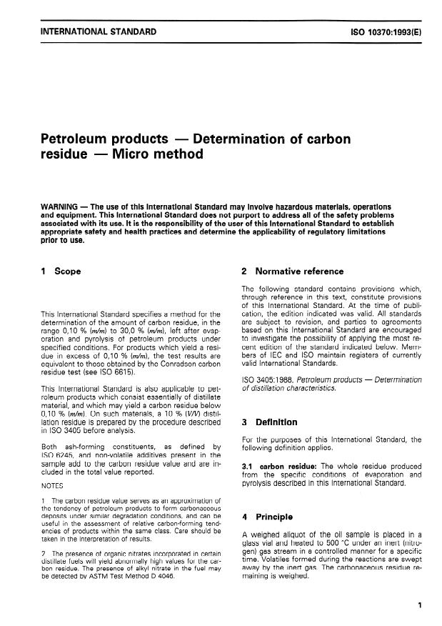 ISO 10370:1993 - Petroleum products -- Determination of carbon residue -- Micro method