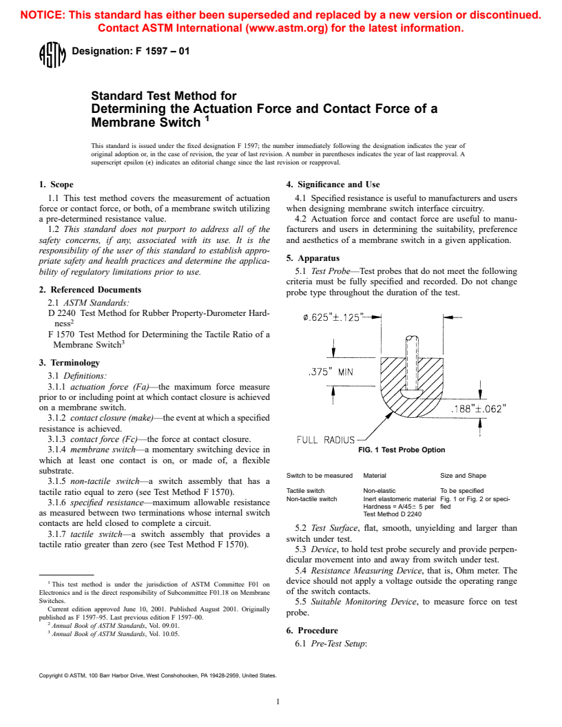 ASTM F1597-01 - Standard Test Method for Determining the Actuation Force and Contact Force of a Membrane Switch