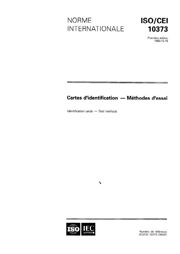ISO/IEC 10373:1993 - Cartes d'identification -- Méthodes d'essai