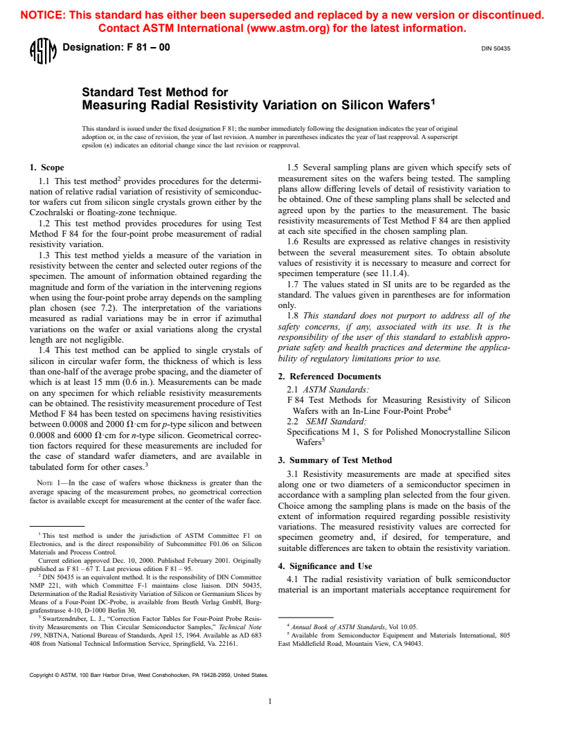 ASTM F81-00 - Standard Test Method for Measuring Radial Resistivity Variation on Silicon Wafers