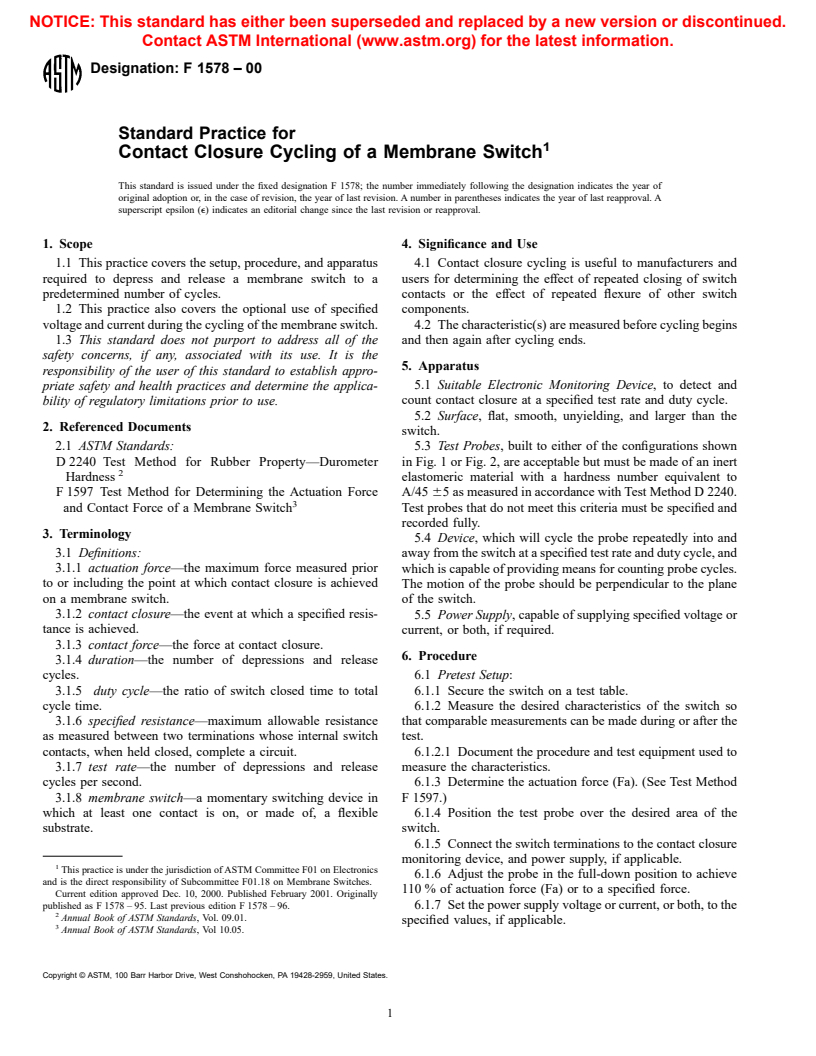 ASTM F1578-00 - Standard Practice for Contact Closure Cycling of a Membrane Switch