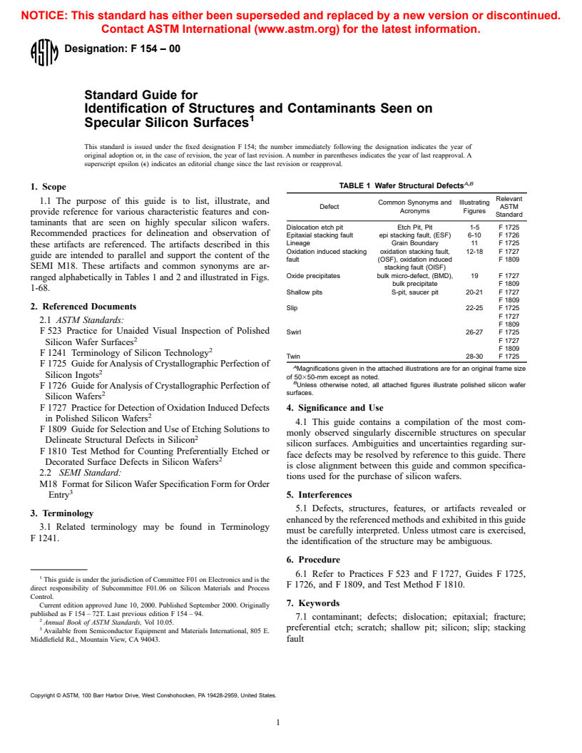 ASTM F154-00 - Standard Guide for Identification of Structures and Contaminants Seen on Specular Silicon Surfaces